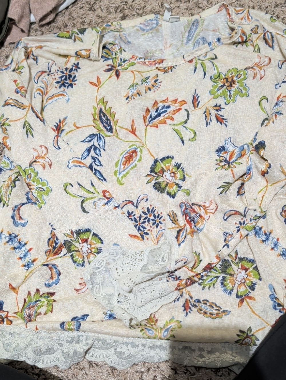Cato Cream Floral Lace-Trim Blouse with Blue, Green & Orange Accents